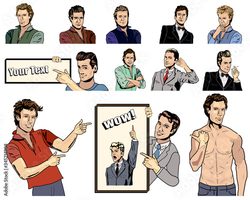 Retro Men - Fictional Characters with Signs and Poses for your Original Designs and Text - Vintage Comic Book Style
