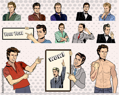 Vector Retro Men - Fictional Characters with Signs and Poses for your Original Designs and Text - Vintage Comic Book Style