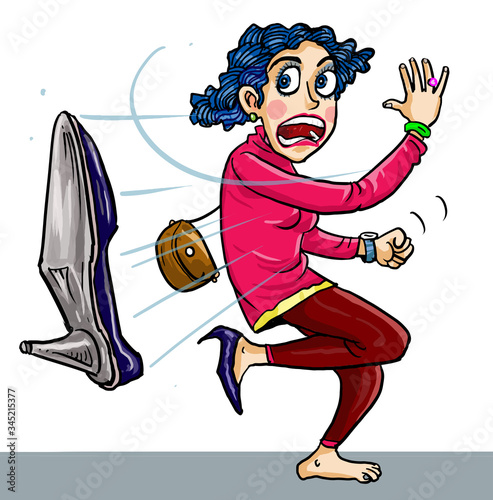 Angry woman throwing her shoe to someone who flirting her