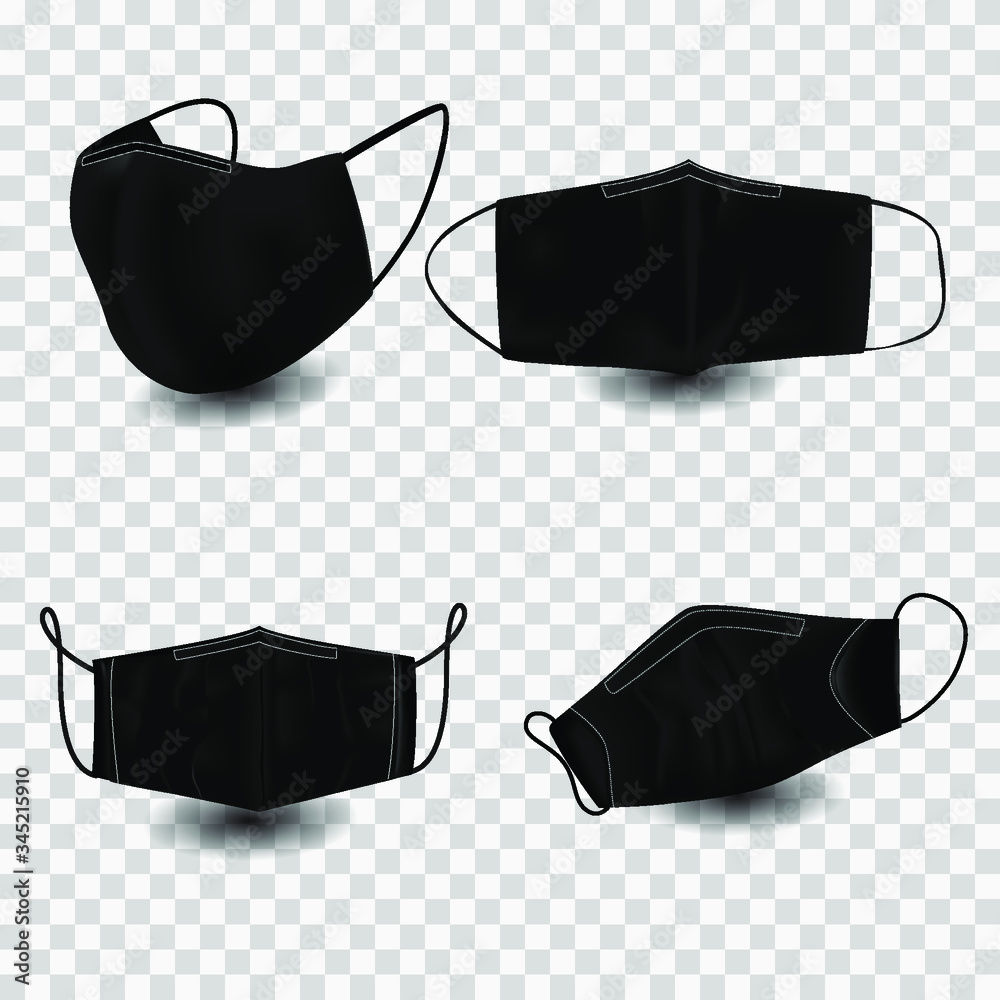 Protective cloth mask covid-19 illustration. fabric black mask on  transparent,realistic blank front, back and side view set for brand  promo.eps10. Stock Vector | Adobe Stock