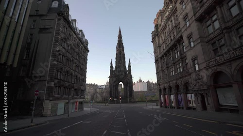 Empty streets during Covid 19 Coronavirus lockdown. Quarantine in Edinburgh, Scotland, UK. Scott Monument