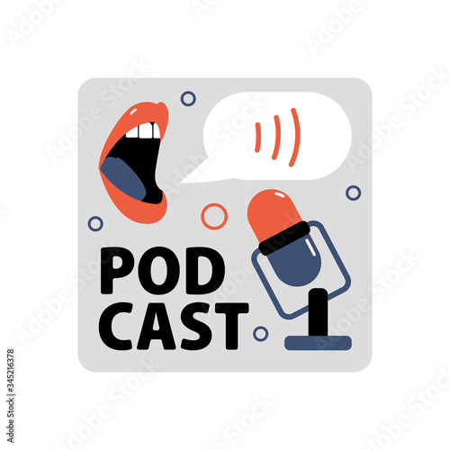 Grey badges with mouth and microphone. Podcast symbols. Broadcasting, media hosting. Flat design.