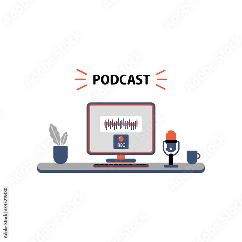 Podcast vector illustration with microphone and computer on the table.
