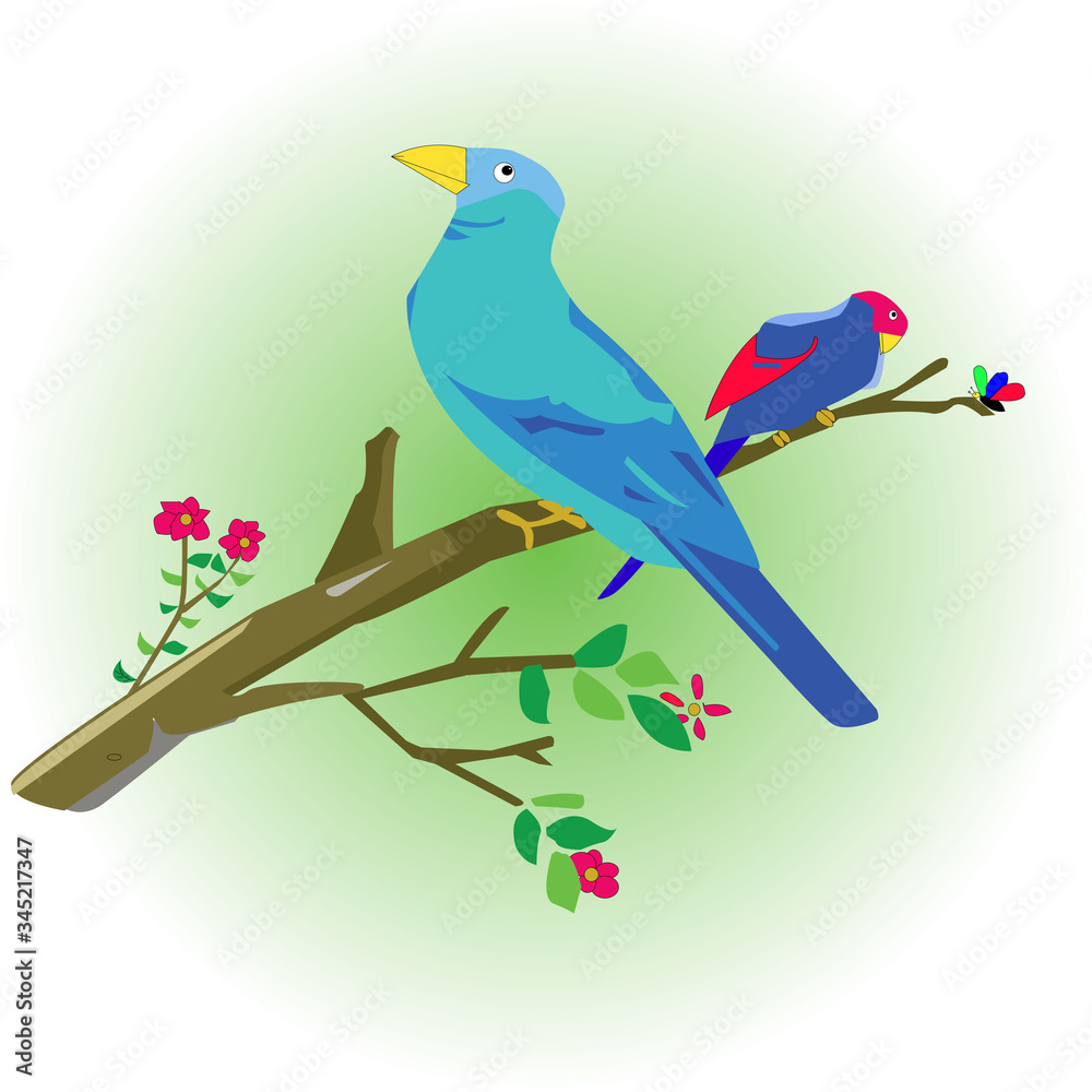 doodle bird perched on a branch with small flowers around