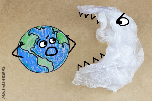 Drawn planet Earth with painted eyes, mouth and hands, looks with horror at the plastic - monster from pack wants to eat the Earth.