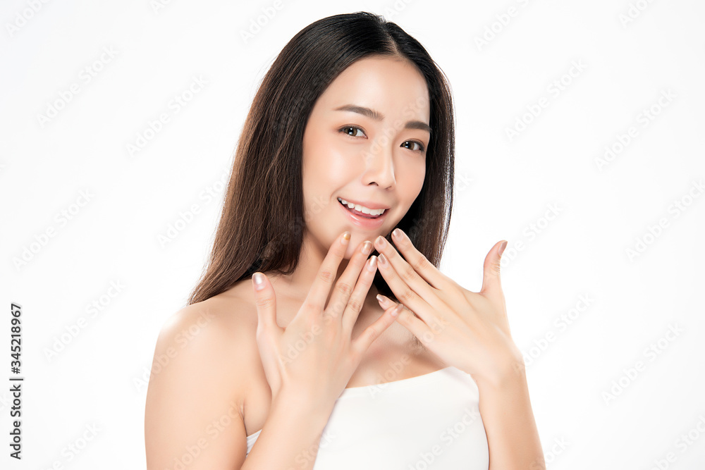 Beautiful Young Asian Woman with Clean Fresh Skin. Face care, Facial treatment, Cosmetology, beauty and healthy skin and cosmetic concept, woman beauty skin isolated on white background Beautiful Young Asian Woman with Clean Fresh Skin. Face care, Facial treatment, Cosmetology, beauty and healthy skin and cosmetic concept, woman beauty skin isolated on white background