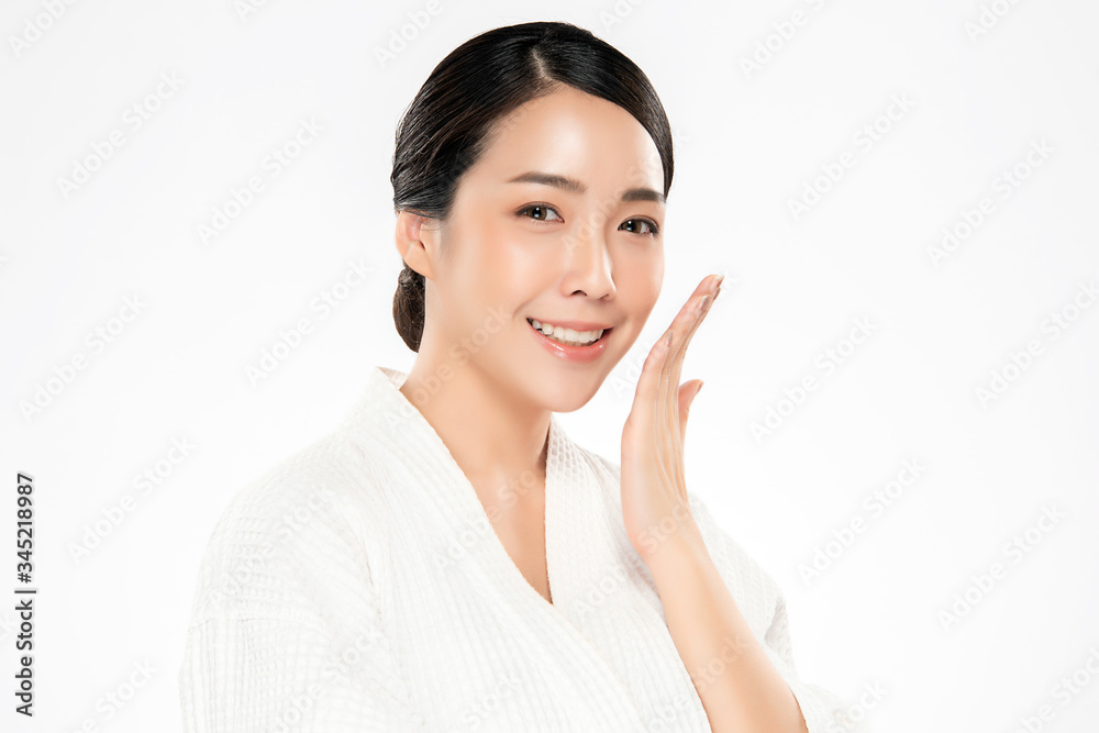 Beautiful Young Asian Woman with Clean Fresh Skin. Face care, Facial treatment, Cosmetology, beauty and healthy skin and cosmetic concept, woman beauty skin isolated on white background Beautiful Young Asian Woman with Clean Fresh Skin. Face care, Facial treatment, Cosmetology, beauty and healthy skin and cosmetic concept, woman beauty skin isolated on white background