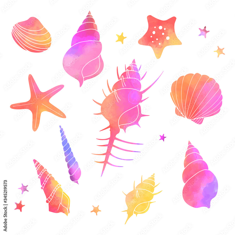 貝殻のイラストセット 水彩赤系 Stock Vector Adobe Stock