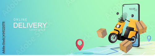 Mobile online delivery with scooter concept. Online order tracking on mobile. E-commerce Vector banner illustration.