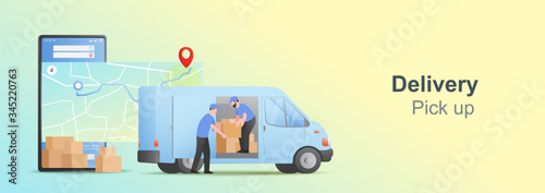 Mobile online pickup and delivery concept. Online order tracking on mobile. Delivery package with van. E-commerce Vector illustration photo