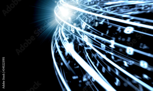 3D Rendering of computer binary data transmitted fast within network optical fiber cable. For network advertising, mobile operator, 5G bandwidth transmission background