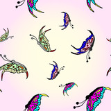 Seamless pattern with flying and beautiful butterflies on a pink background.