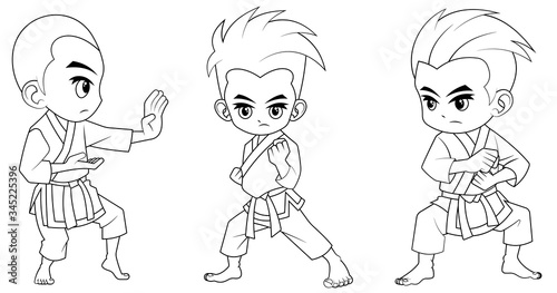 Collection of cartoon karate kid used for coloring book 
