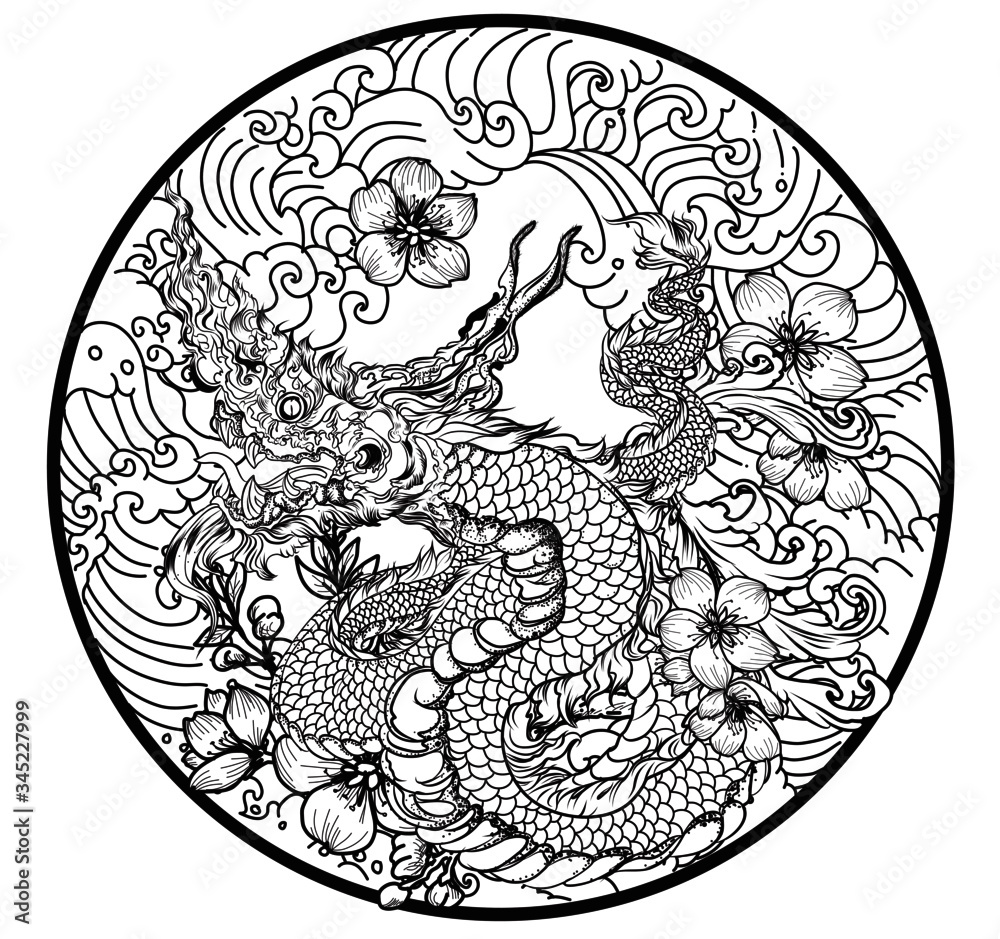 Thai naga dragon tattoo.Thai art traditional tattoo design.Naga is King of snake and animal of budhism.Thai Dragon isolate vector, Line Thai is Thailand Style and Tattoo design. - obrazy, fototapety, plakaty 