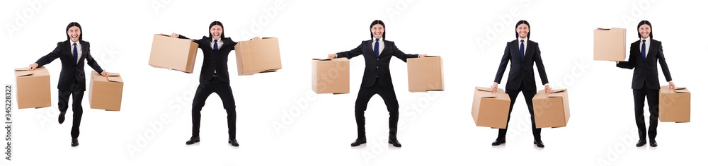 Funny man with boxes on white Funny man with boxes on white