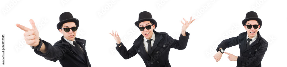 Young detective in black coat isolated on white Young detective in black coat isolated on white