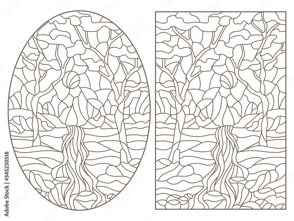 Set contour illustrations of stained glass in the stained glass style with scenery of wild nature, a mountain river , a dark outline on a white background