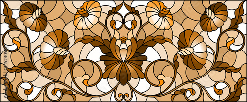 Illustration in stained glass style with abstract flowers  swirls and leaves  on a light background horizontal orientation  sepia