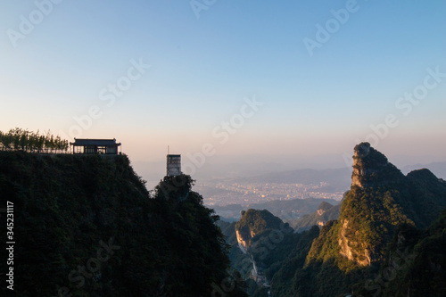 The scenery of Tianmen Mountain in Zhangjiajie, Hunan Province, China at sunset