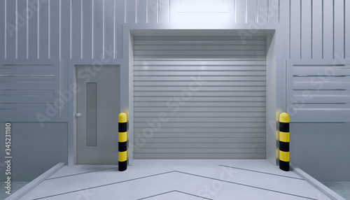 Roller door or roller shutter. Also called security door or security shutter. For protection home and industrial building i.e. factory, warehouse, hangar, workshop, store, hall or garage. 3d render.