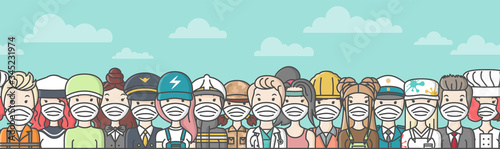 Workers group wear face mask for corona virus and pollution protection seamless pattern vector