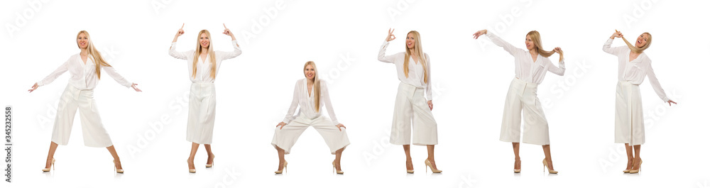 Blond hair model in elegant flared pants isolated on white Blond hair model in elegant flared pants isolated on white