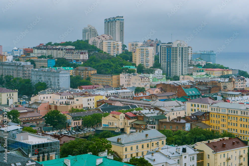 Summer, 2015 - Vladivostok, Russia - Aerial. The central historical part of the city of Vladivostok from a height. Historic buildings in the center of Vladivostok