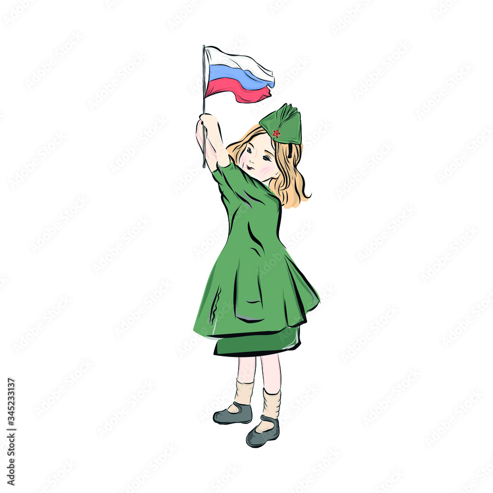 Girl in military uniform holds the Russian flag.