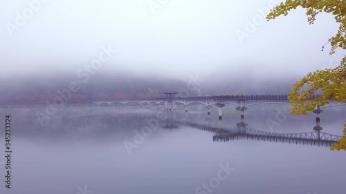 Aerial video of Wolyeonggyo bridge is located in the midst of Nakdong river, Andong, South Korea. photo