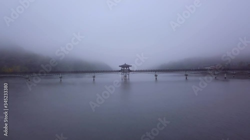 Aerial video of Wolyeonggyo bridge is located in the midst of Nakdong river, Andong, South Korea. photo