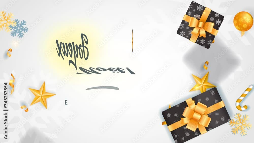 german joyeux noel et bonne annee written on white scene with offer boxes wrapped with xmas cardboard with flake and golden bows surrounded by galaxy confetti and tree bulbs