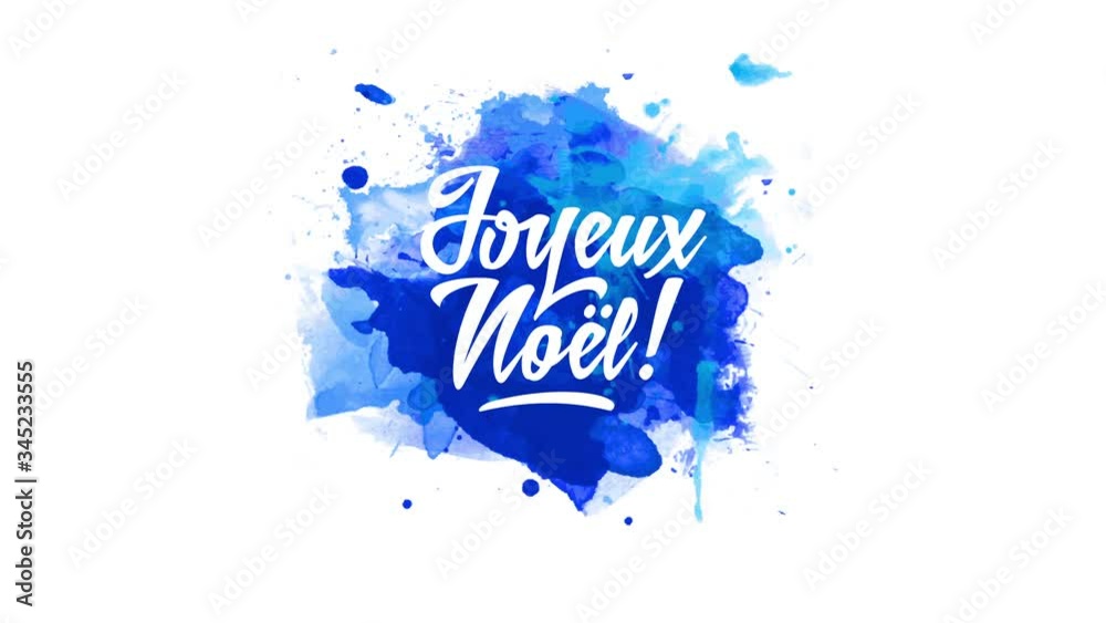 french merry christmas with words joyeux noel text with cool hand drawn typography over blue watercolor stain