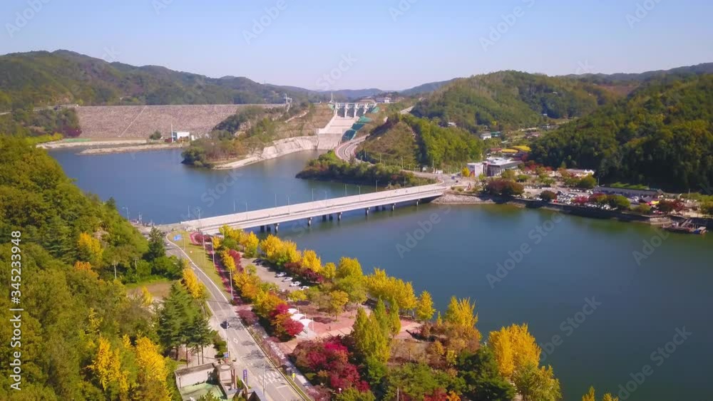 Aerial video of Nami island during Autumn season, South Korea. Aerial landscape of Nami island. Aerial video of Nami island during Autumn season, South Korea. Aerial landscape of Nami island.