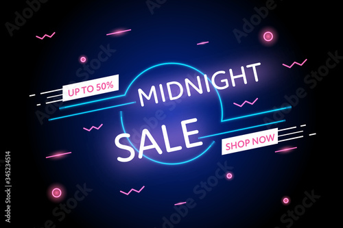 Midnight sale up to 50% promotion glowing light blue and pink banner in memphis style.