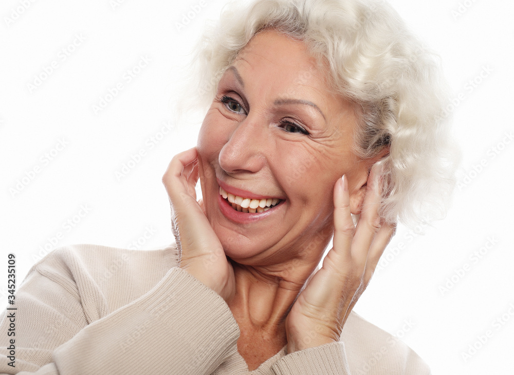 lifestyle, emotion and people concept: Grey haired old nice beautiful laughing woman. Isolated over vwhite background lifestyle, emotion and people concept: Grey haired old nice beautiful laughing woman. Isolated over vwhite background