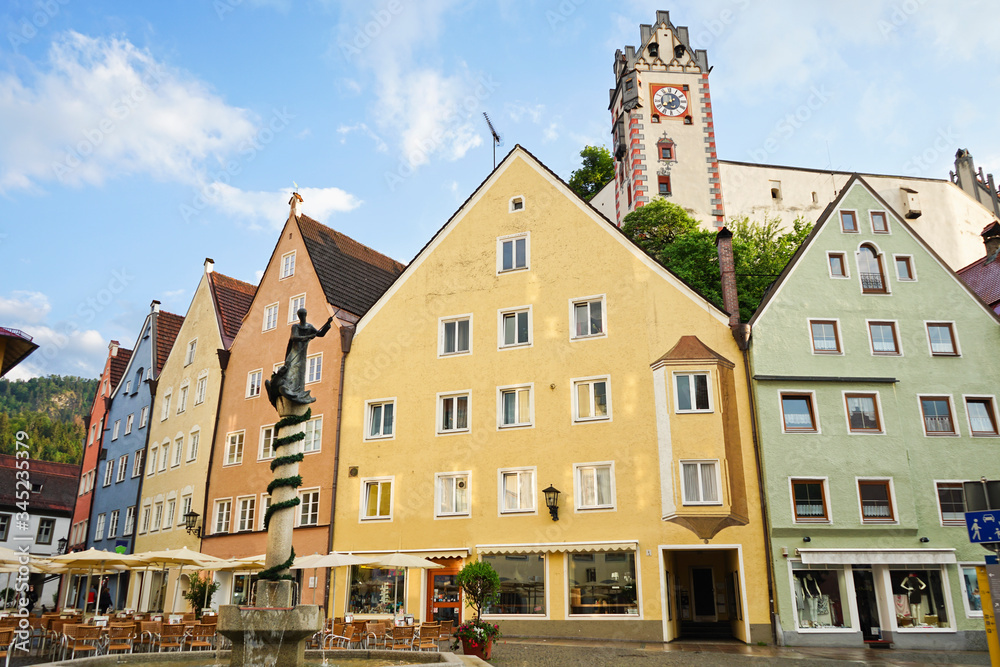Market square in Fussen Old Town. Fussen - historical capital near the Neuschwanstein castle in Germany.
