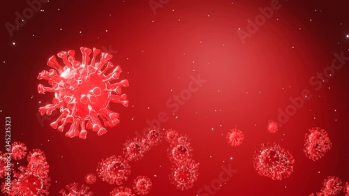 Coronavirus, COVID-19 infect in blood under microscope. Flying or motion of Corona virus, flu virus on red background. Microbe Germs Bacteria cells on 4k UHD, 3d render, Animation, Illustration Video