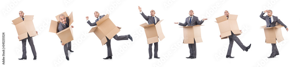 Businessman with box isolated on the white