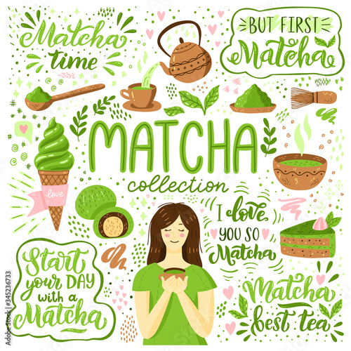 matcha tea quote, hand drawn font, green tea, label, lettering for menu, script, vector
