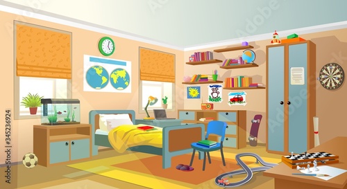 Teenager room. Interior with items. Vector illustration. Design of a children room. © vitd