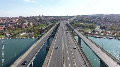 Balat Citywalls Over Halic Bridge Aerial Drone View at Covid-19 Isolation Days photo