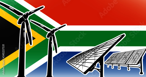 Alternative energy vector concept for South Africa wind turbines and solar panels on flag background, used colors blue, red, green, gold