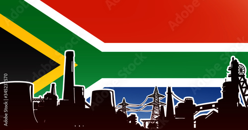 Heavy industry of South Africa vector illustration colored red with electric power plant, factory and mining facility on the flag background with colors blue, red, green, gold