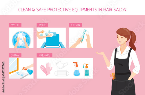 Female Hairdresser With Cleaning, Washing, Wiping, Preparing And Safe Equipments in Hair Salon