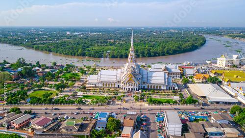 Aerial view of great grand architecture of Wat Sothon Wararam Worawihan located near Bang Pakong river in Chachoengsao province, Thailand. photo