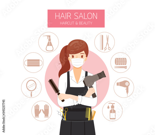 Female Hairdresser Wearing Surgical Mask With Hair Salon Equipments Icons