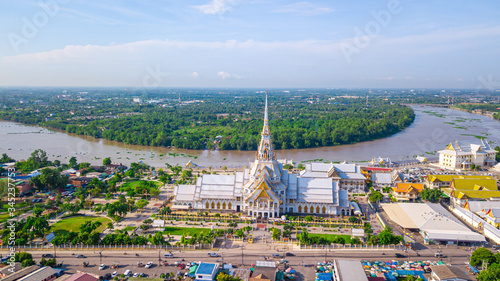 Aerial view of great grand architecture of Wat Sothon Wararam Worawihan located near Bang Pakong river in Chachoengsao province, Thailand.