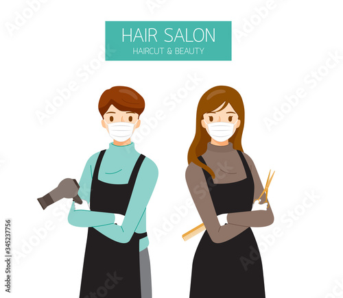 Female And Male Hairdresser Wearing Surgical Mask With Hair Salon Equipments In Hands