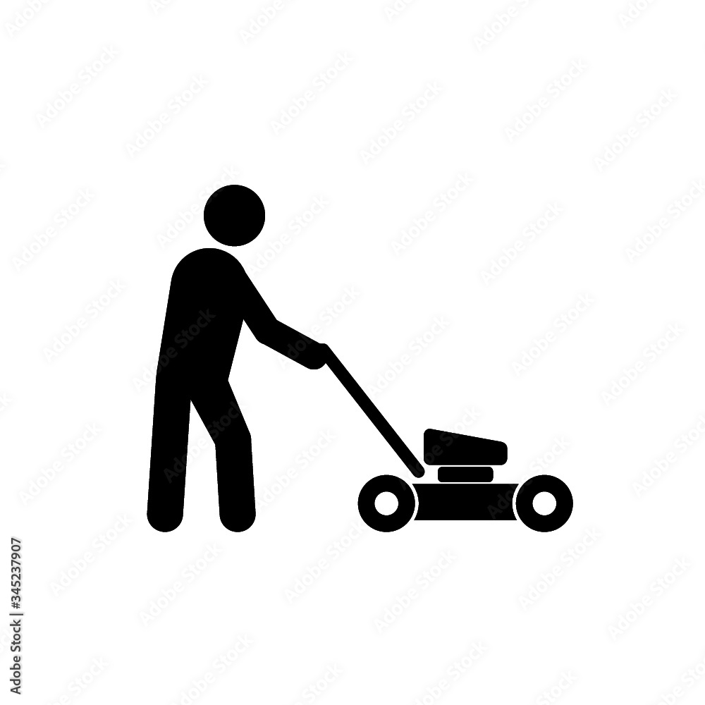 Man with lawn mower isolated on white background. Gardener with lawn mower sign