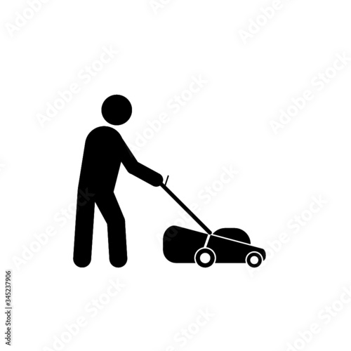 Man with lawn mower isolated on white background. Gardener with lawn mower sign